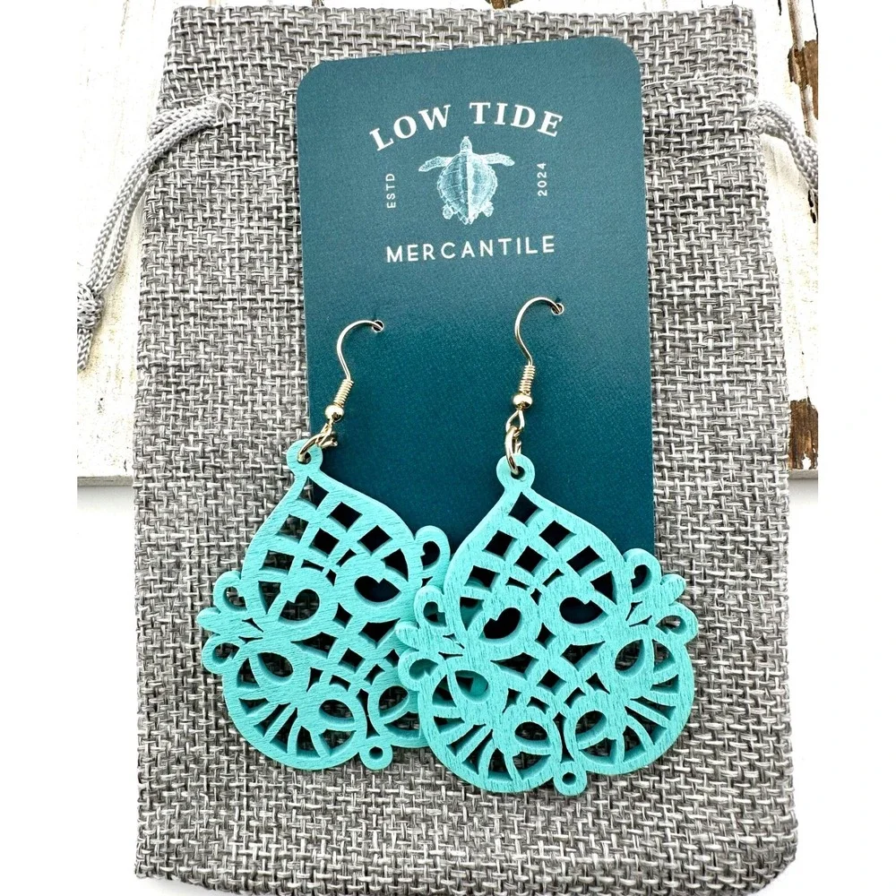Garden Trellis Teardrop Earrings‎ Turquoise Blue Stained Laser Cut Wood NEW